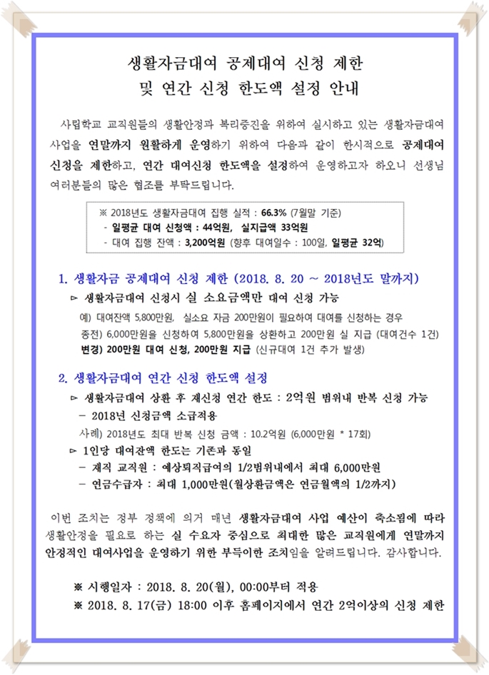 생활자금대여 연간 신청금액 제한 및 공제대여 제한 안내