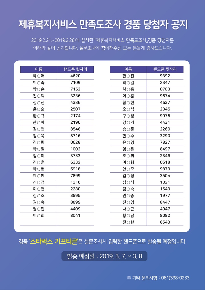 제휴복지서비스 만족도조사 경품 당첨자 공지