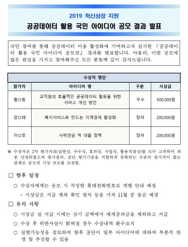 공지사항 공공데이터 활용 국민 아이디어 공모 결과 발표