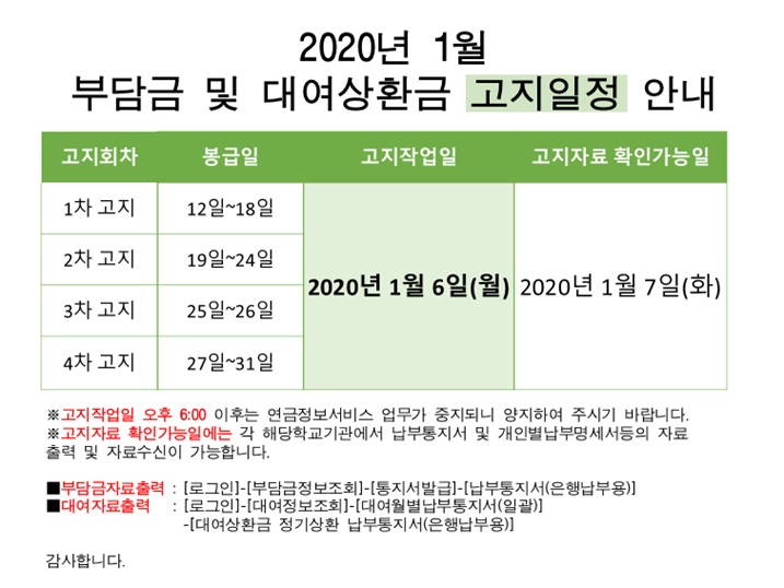 2020년 1월 부담금 및 대여상환금 고지일정 안내